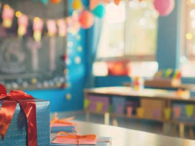 Feestelijke kamer met cadeaus, slingers en confetti