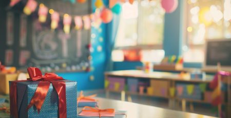 Feestelijke kamer met cadeaus, slingers en confetti