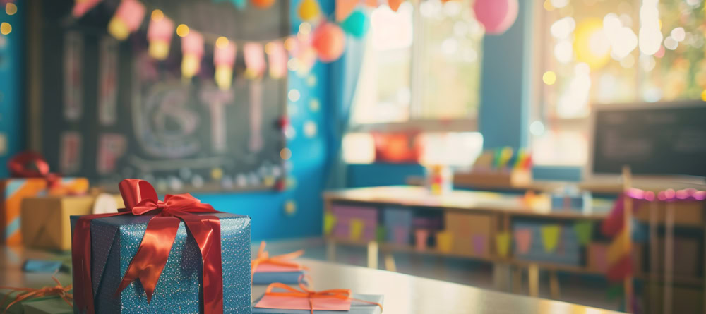 Feestelijke kamer met cadeaus, slingers en confetti