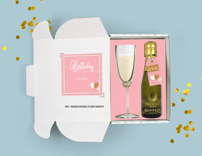 Inhoud Brievenbuspakketje Verjaardag Pink Birthday Pakket Prosecco Bottega