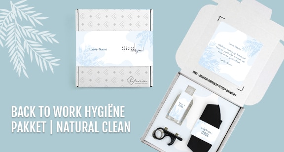 Inhoud Brievenbus cadeau Back to Work Pakket Handgel Mondkapje Clean Hands Tool