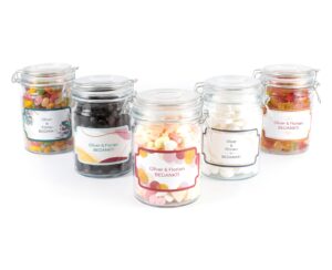 large candy jars with name on personalised label as wedding gifts