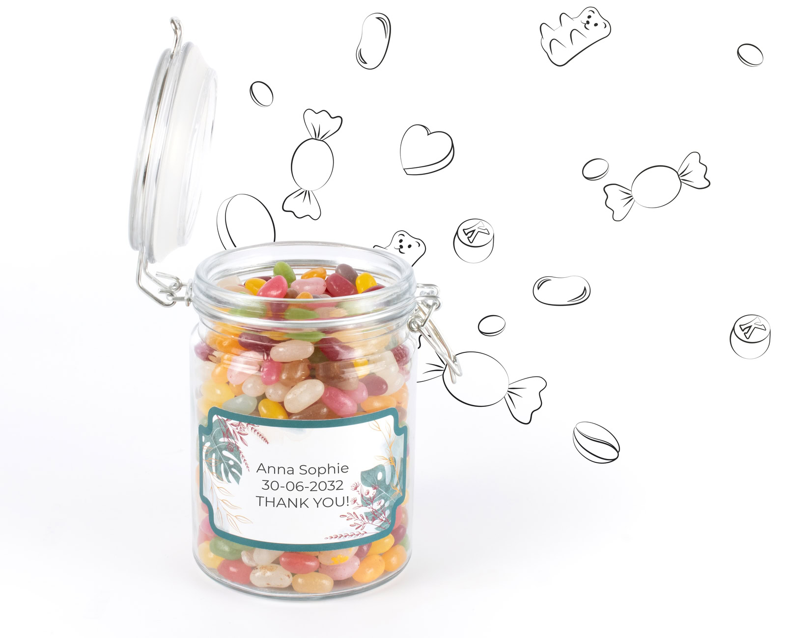 Large candy jar with name on personalised label as a thank-you gift for births