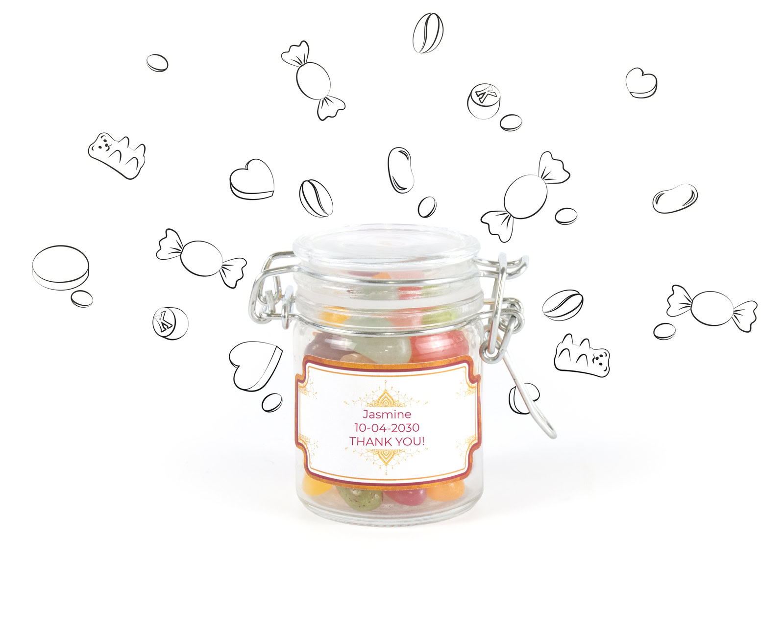 small candy jar with name on personalised label as a birth thank-you gift