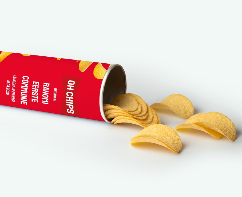 mega Pringles met gepersonaliseerde wikkel als communie cadeau