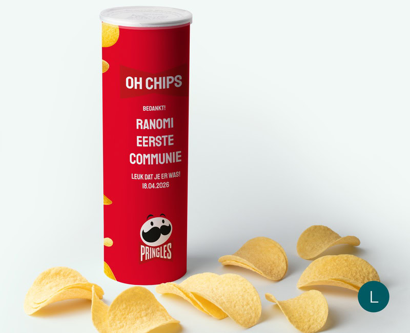 grote gepersonaliseerde Pringles als communie cadeau