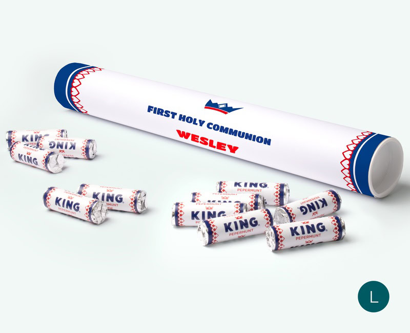 mega mint to be king peppermint roll with personalised label for communion