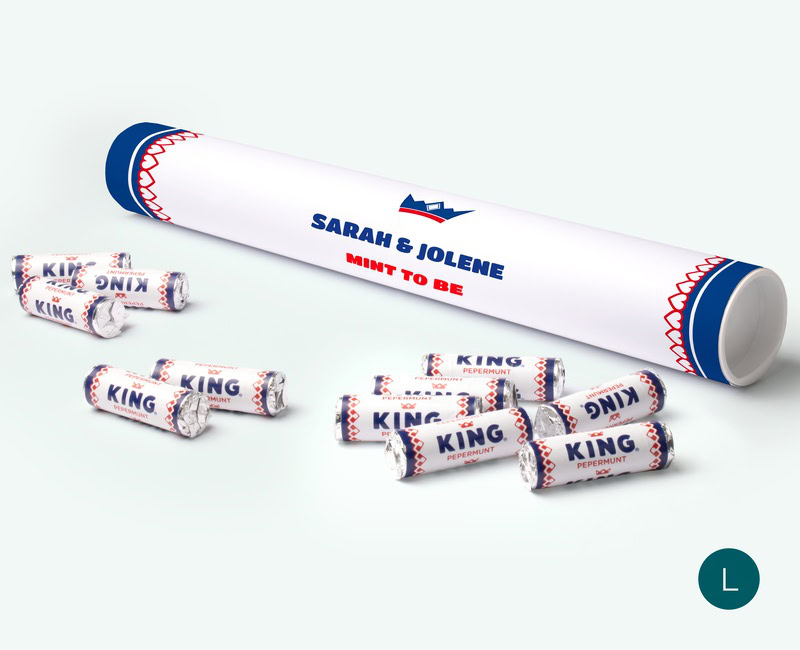 mega mint to be king peppermint roll with personalised label for a wedding