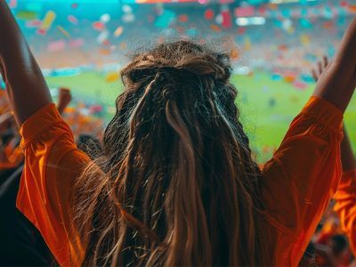 Juichende oranje supporter in een stadion