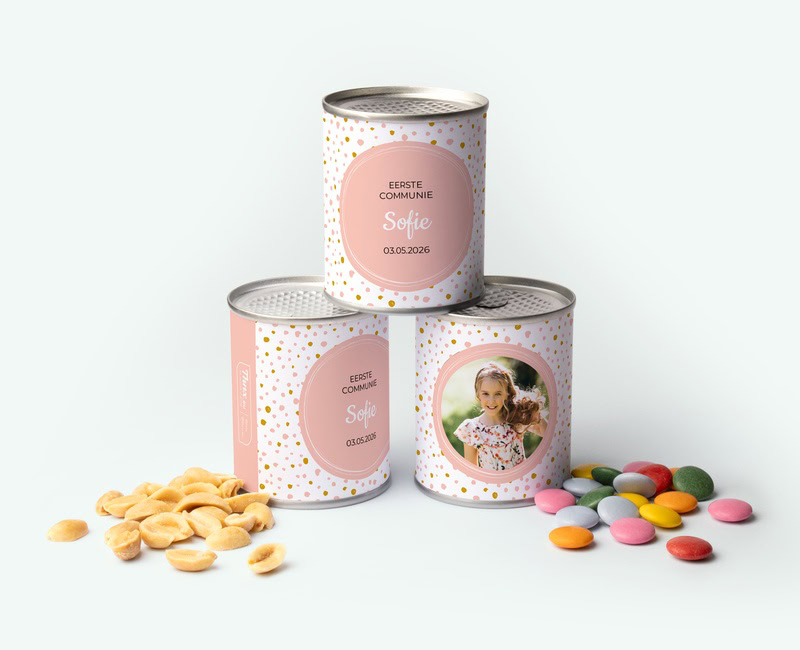 Blikje met nootjes of chocolade als communiebedankjes
