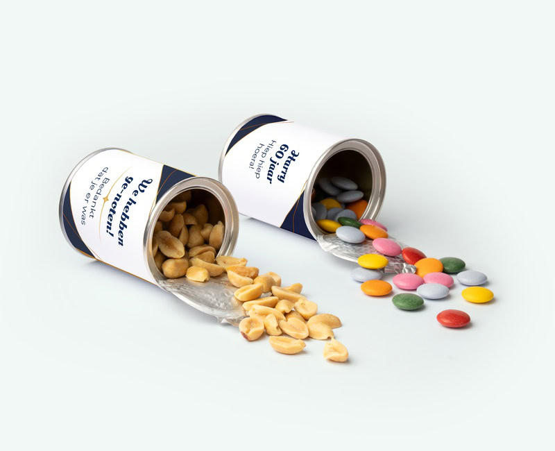 Tin of nuts or chocolate tablets with your own design used as a thank-you gift