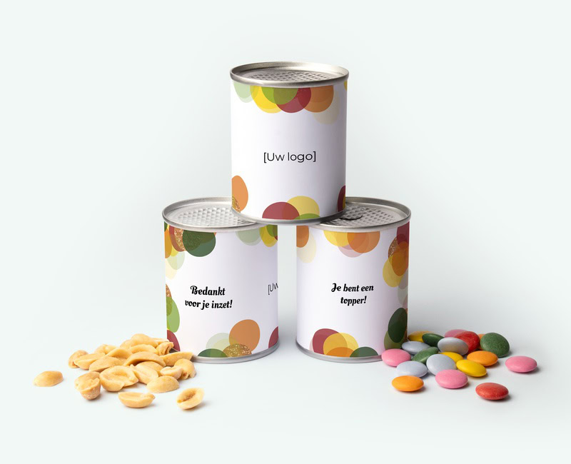 Printed tin filled with nuts or chocolate pastilles for a giveaway