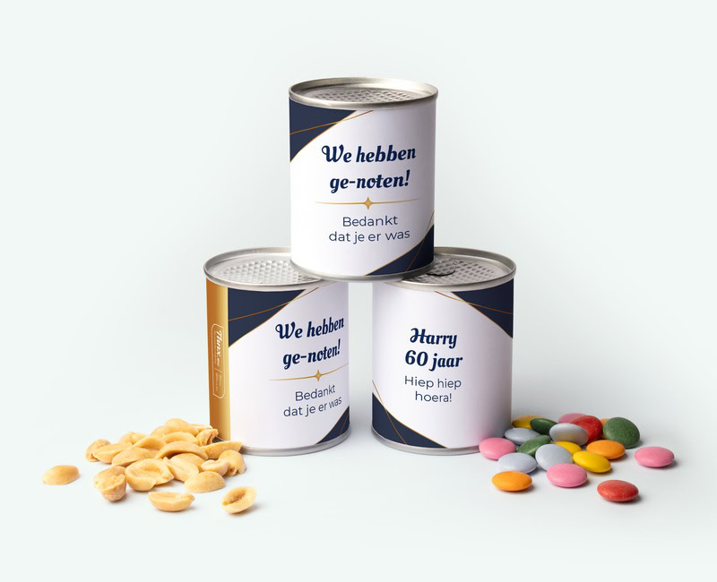 Cans of nuts and chocolate pastilles with text