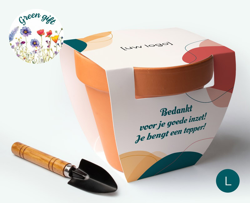 bloempot met zakelijk logo als groot duurzaam relatiegeschenk