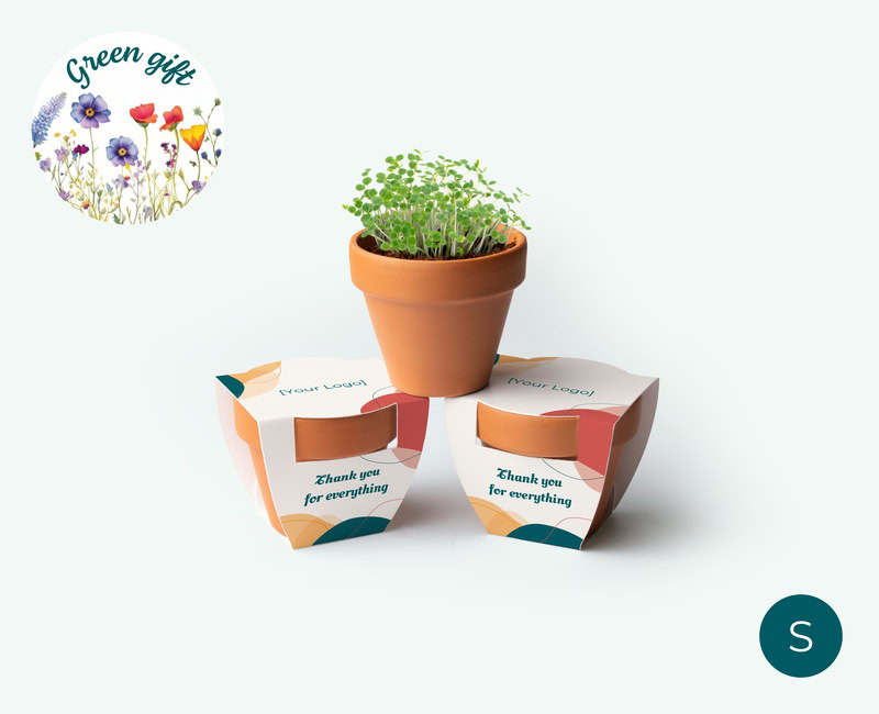 small flower pot with business logo as a sustainable thank-you gift