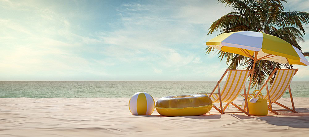Vakantie cadeau gepresenteerd op een strand met een palmboom en zee