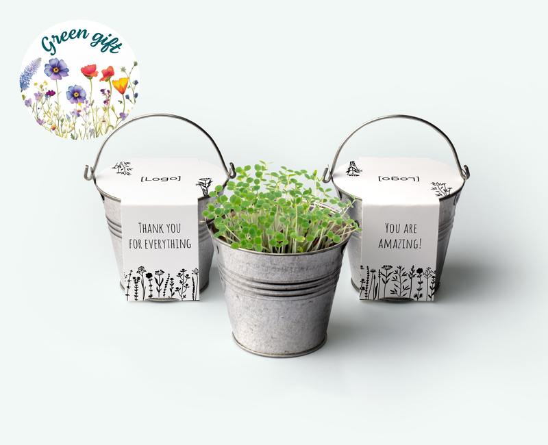 mini bucket as green business thank you with personalised wrapper