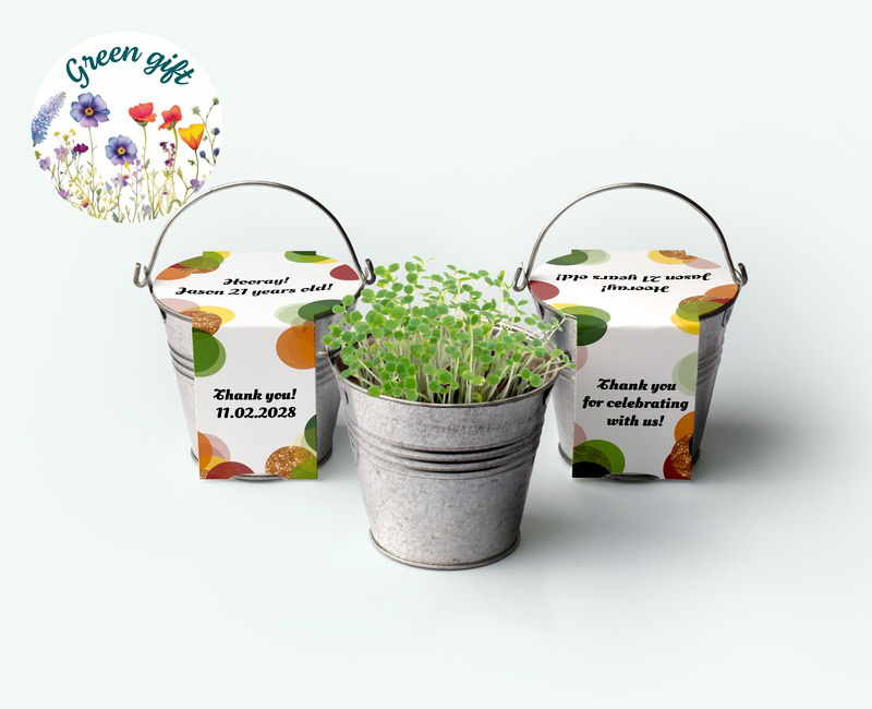 mini bucket as a green thank-you gift with personalised wrapper