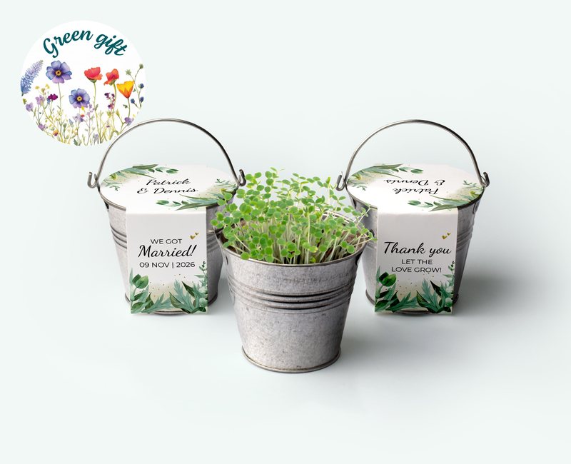 mini bucket as a green wedding thank you with personalised wrapper