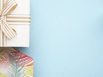 topview giftbox tied with a bow with a blue background