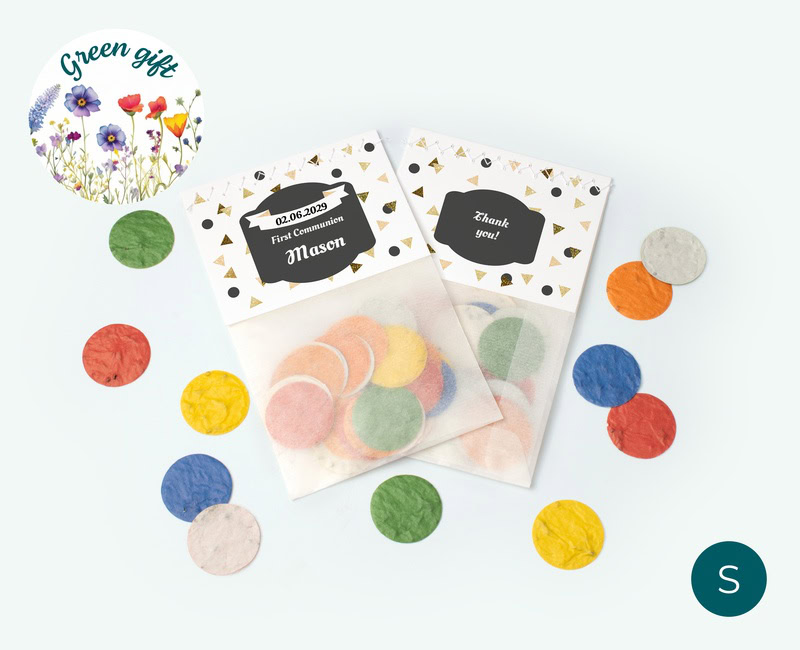 Flowerbags with growth confetti as communion thank yous