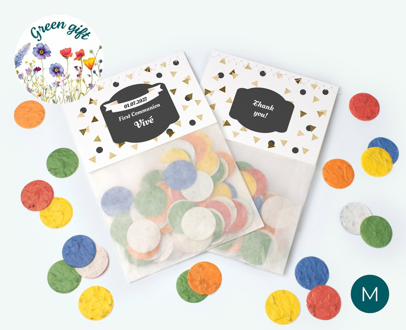 Flowerbags with growth confetti deployed as spring party thank yous