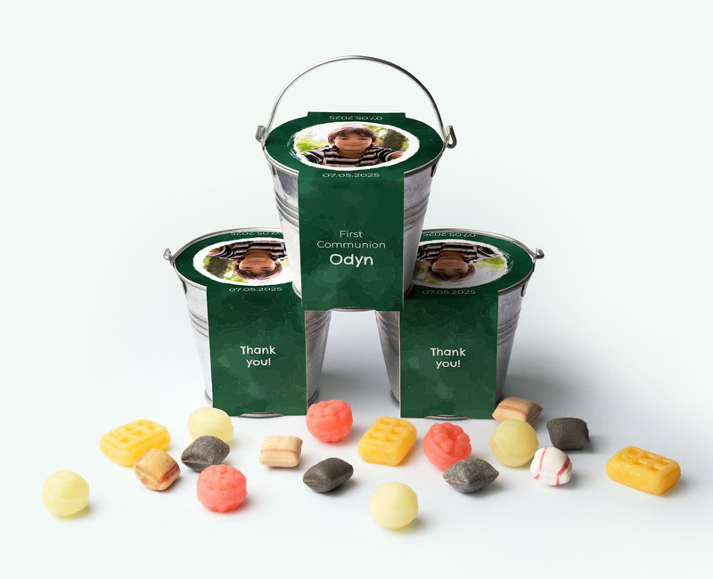 Mini bucket pictured with candy deployed as spring party thank-you gift