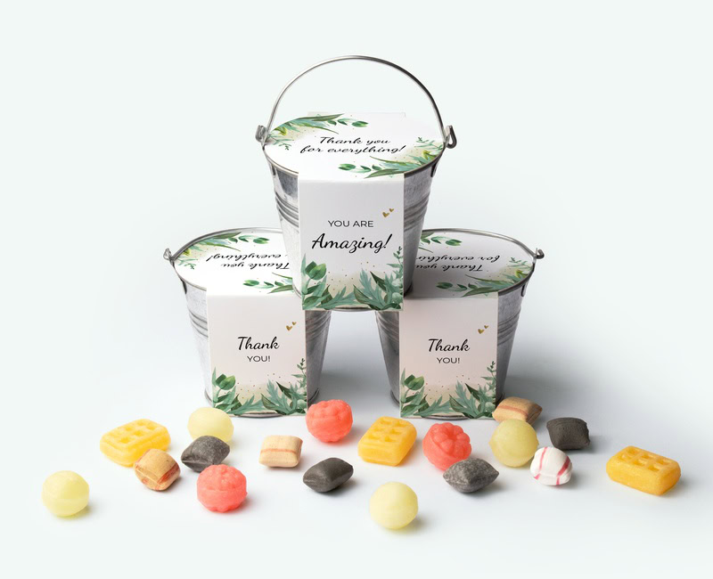 Mini bucket thank you filled with candy with your own design