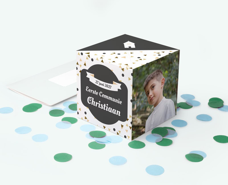 Originele communiekaart springkubus met confetti