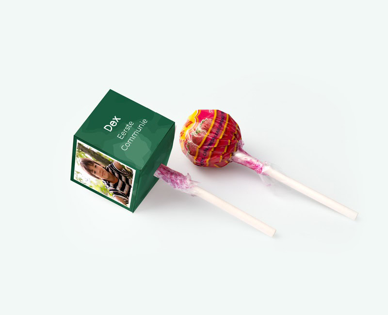 Printed lollipop box with your own design used as a communion thank-you gift