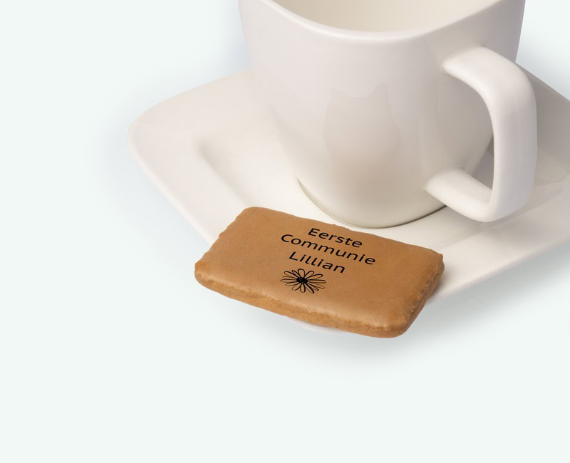 Printed coffee biscuits on a saucer deployed as spring party thank-you gift
