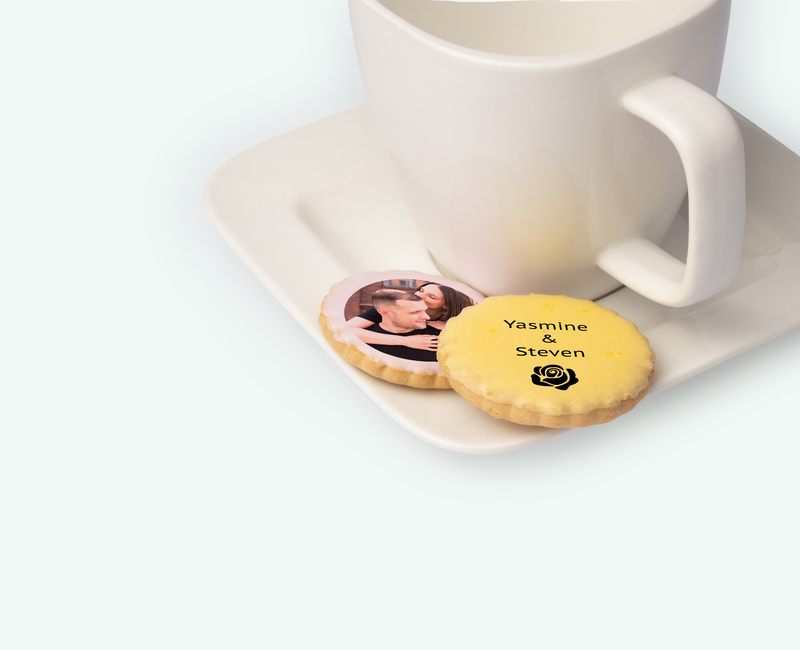 Printed licorice biscuits photographed on a platter as a wedding thank-you gift