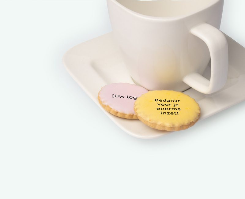 Printed licorice biscuits pictured on a saucer deployed as a business thank-you gift