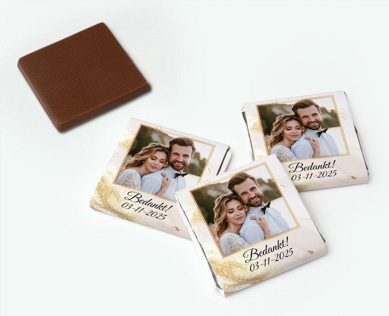 Bedrukte mini chocolaatjes voor een bruiloft