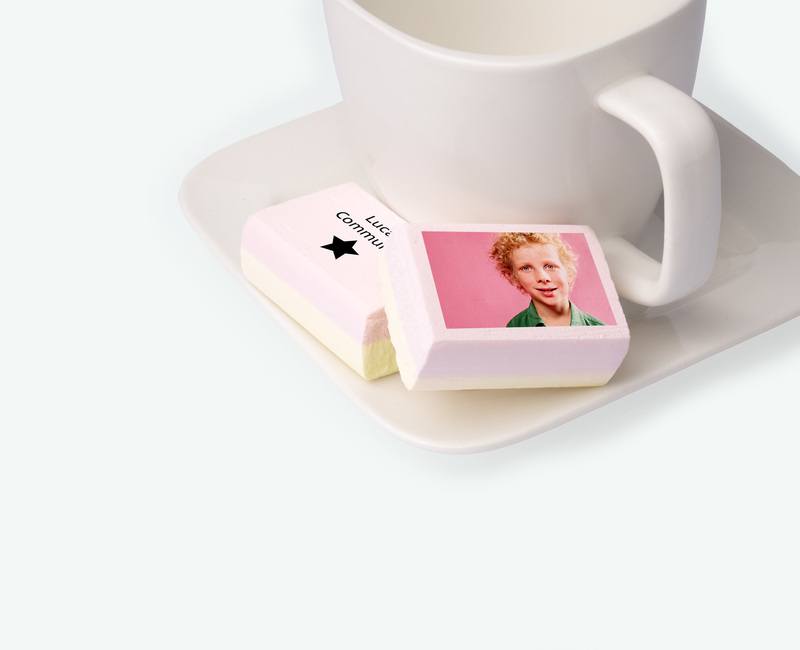 Bedrukte schuimblokken met foto als bedankje voor een lentefeest