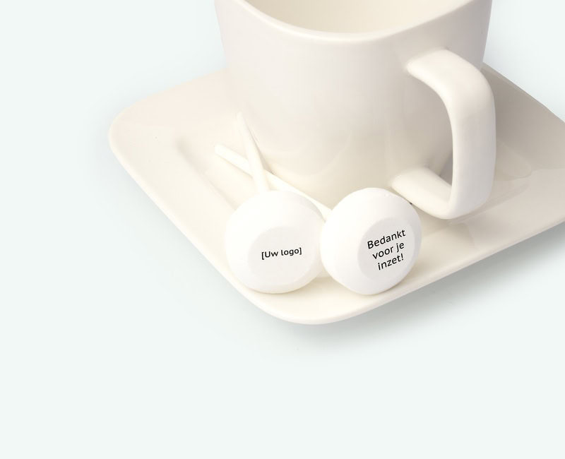 Printed lollipop pictured on a saucer as a business thank-you gift