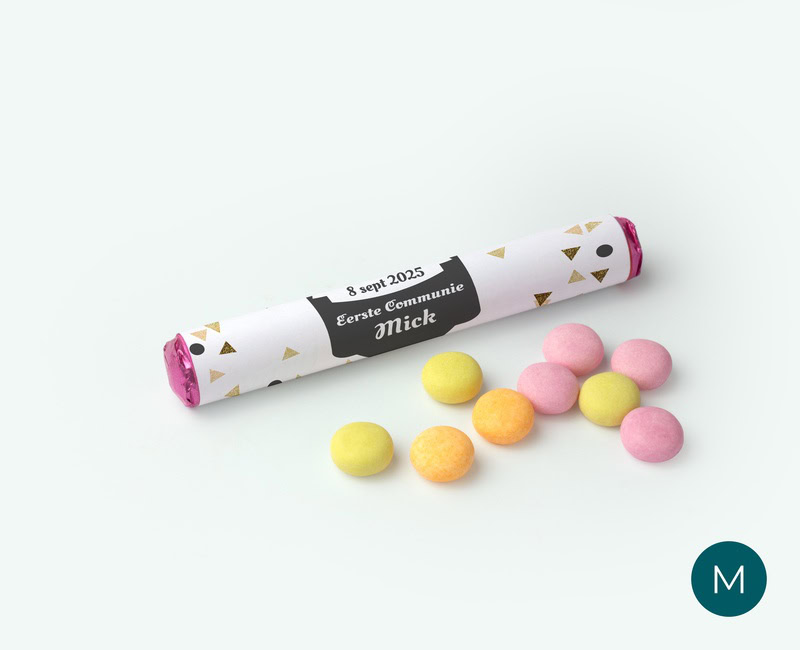 Mentos with name and own design deployed as a thank-you gift for a communion party