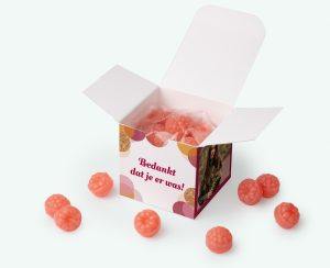 Printed box filled with sweets used as a thank-you gift
