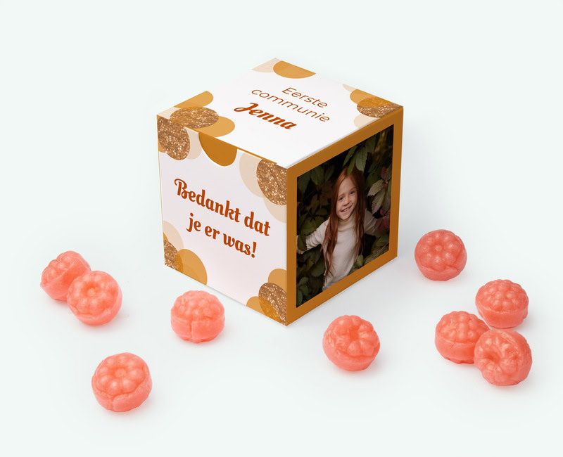 Bedrukt snoepdoosje met eigen ontwerp als bedankjes voor een communiefeest