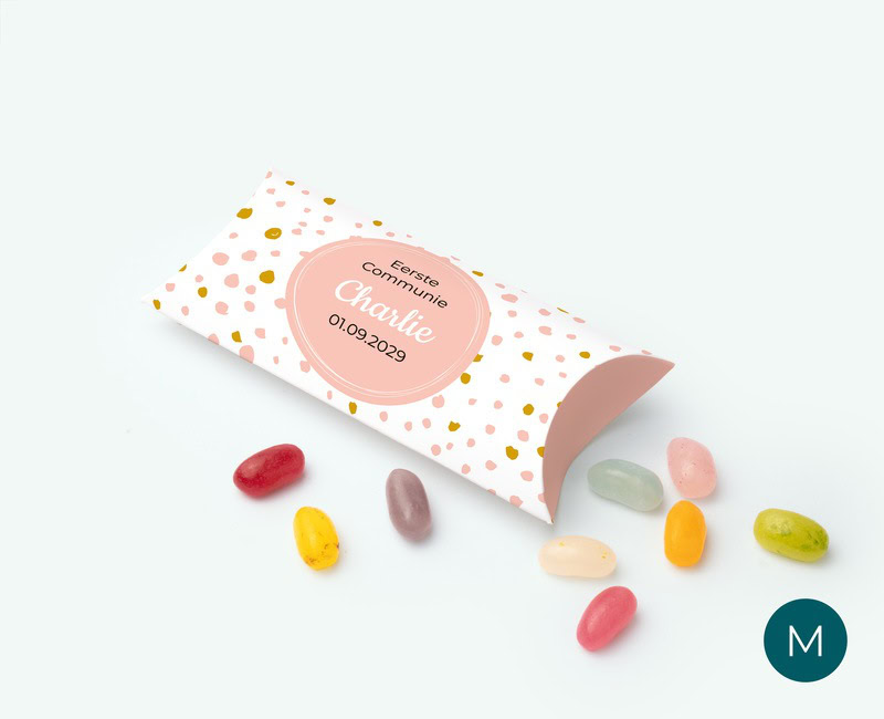 Pillowbox snoepbedankje met eigen ontwerp voor een communiefeest