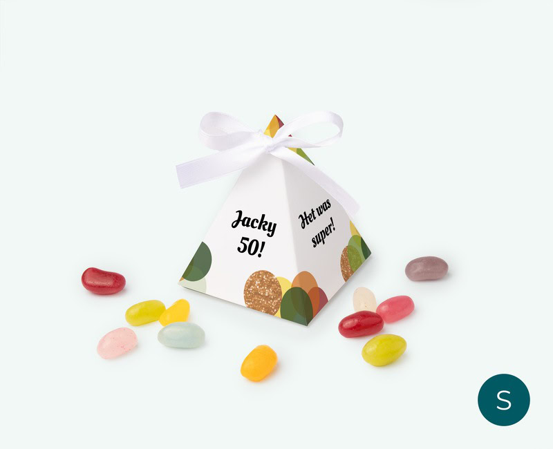 Pyramid box filled with candy deployed as a personal thank-you gift