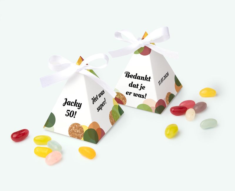 Small pyramid boxes with text and candy deployed as a thank-you gift