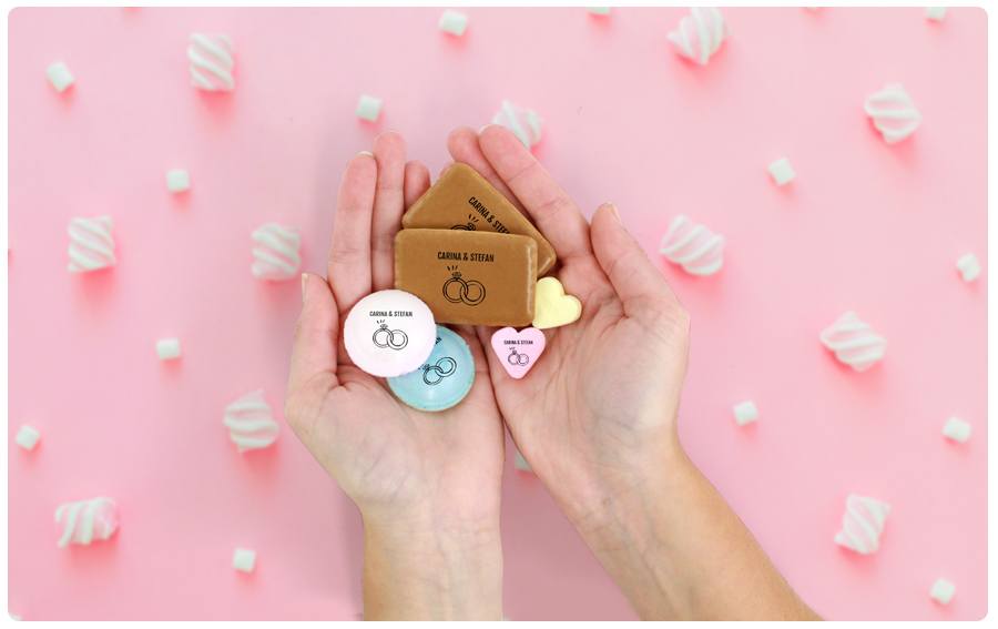 Blog image with various printed sweets with a pink background