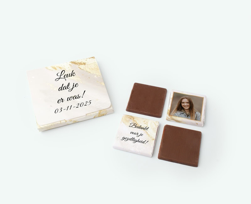 Box of chocolate with printing of a photo and text