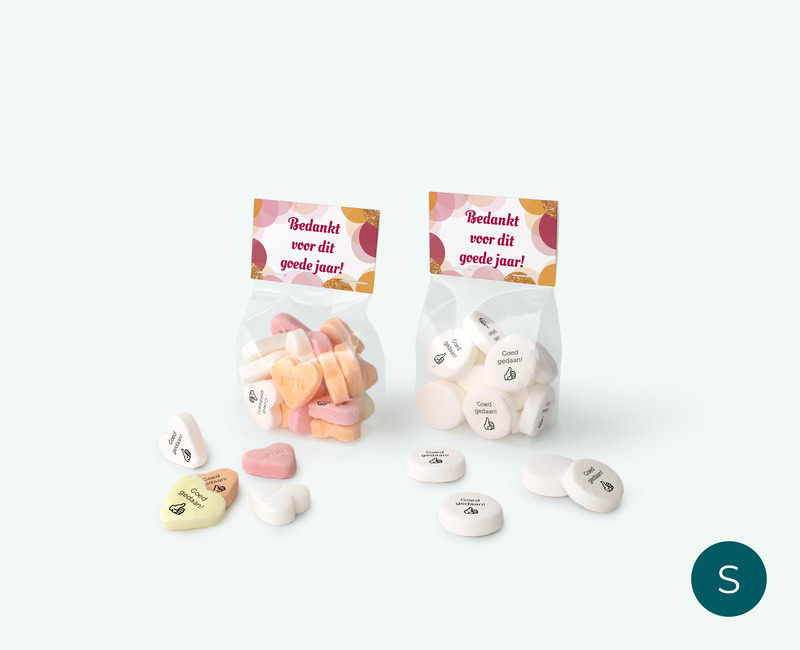 Photo of an S-size stand-up pouch with printed candy and your own logo