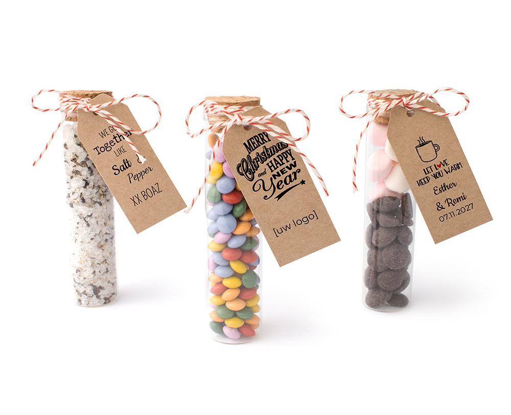 Gifttube bedankje met verschillende soorten chocola en snoep