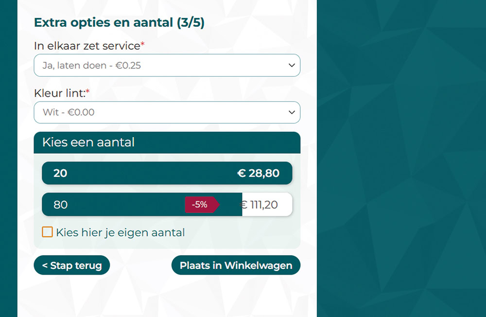 Selecteer extra opties en aantal producten